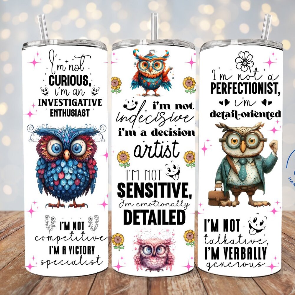Owl Tumbler Hand made New 20oz With Lid and Straw